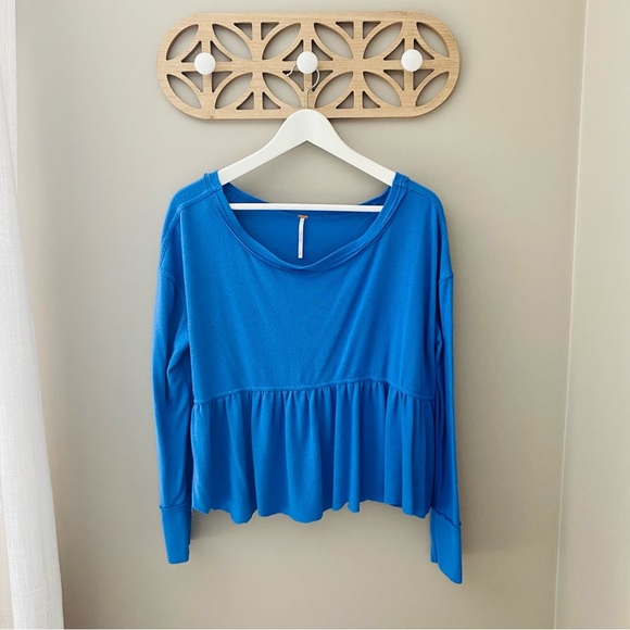 Free People Pullover Long Sleeve Crop Top Blue Sz Small - Picture 1 of 9